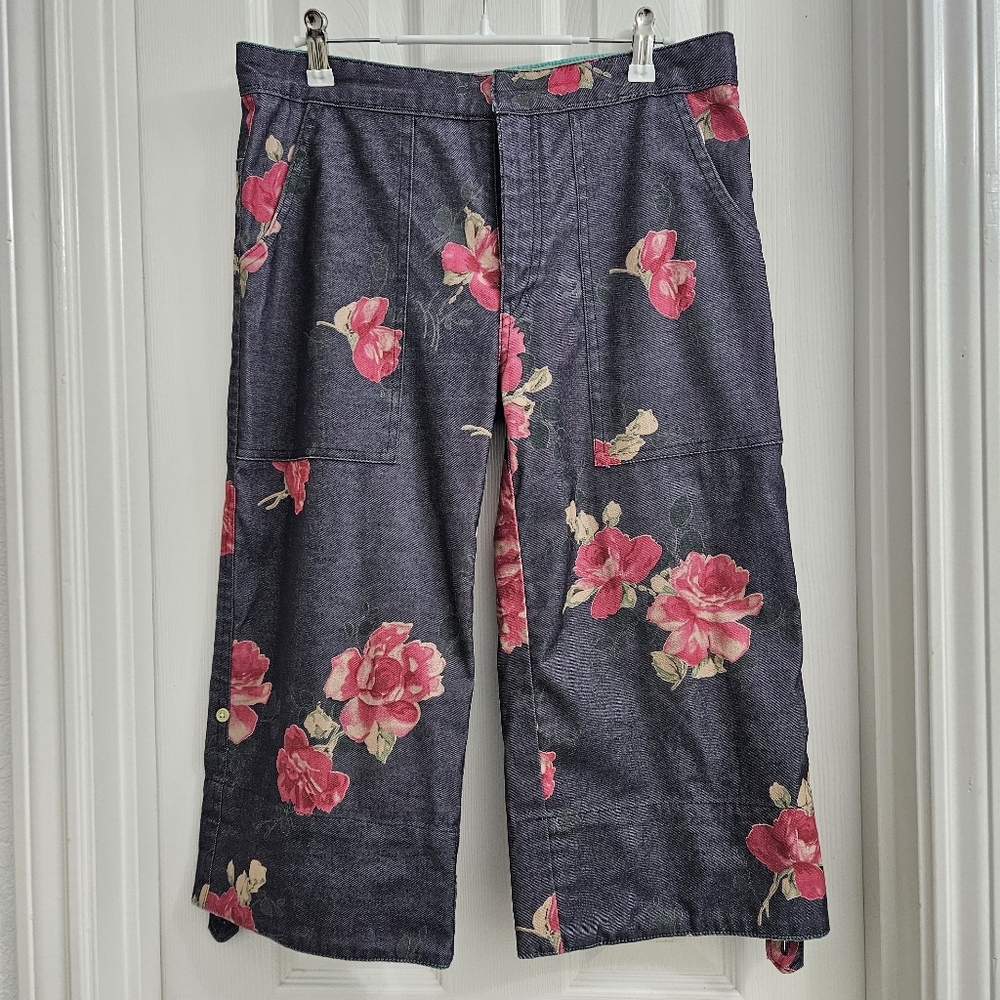 Womens Floral Print Denim Wide Leg Cropped Pants - Size M